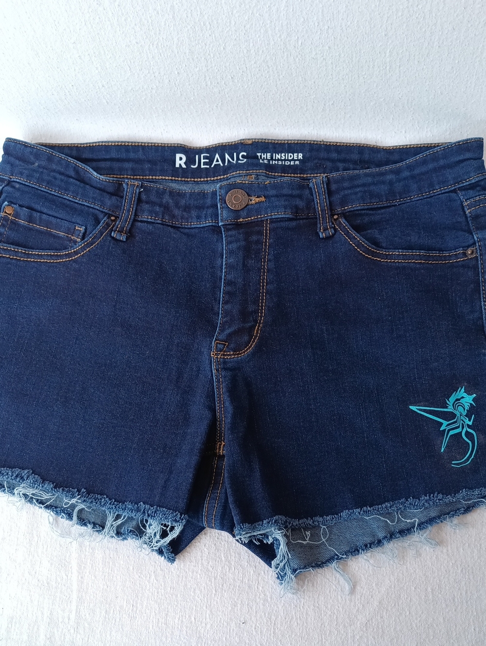 Dark Blue Denim Cutoff Shorts with Teal Embroidered Accent
